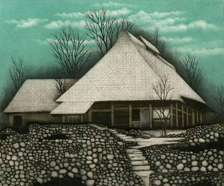 maison avec jardin de pierre, gravure de Koichi Sakamoto